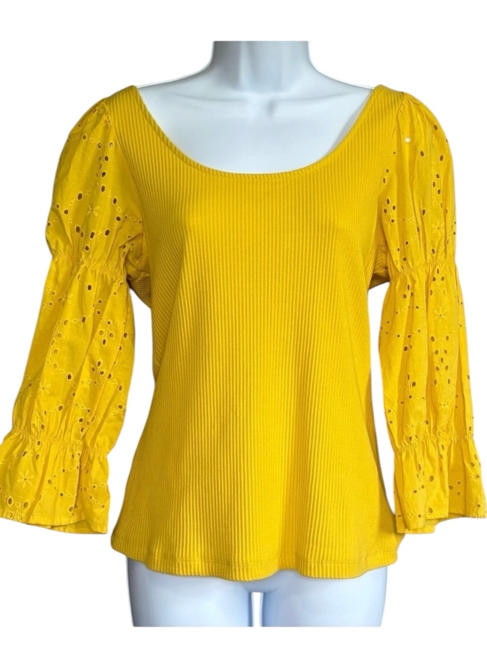 NWT Who What Wear Yellow Eyelet Puff Sleeve Ribbed Top Womens Medium Cottagecore